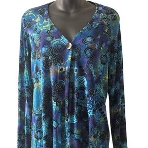 Chicos Blue and Black Patterned V-Neck Lightweight Sweater Jacket Top